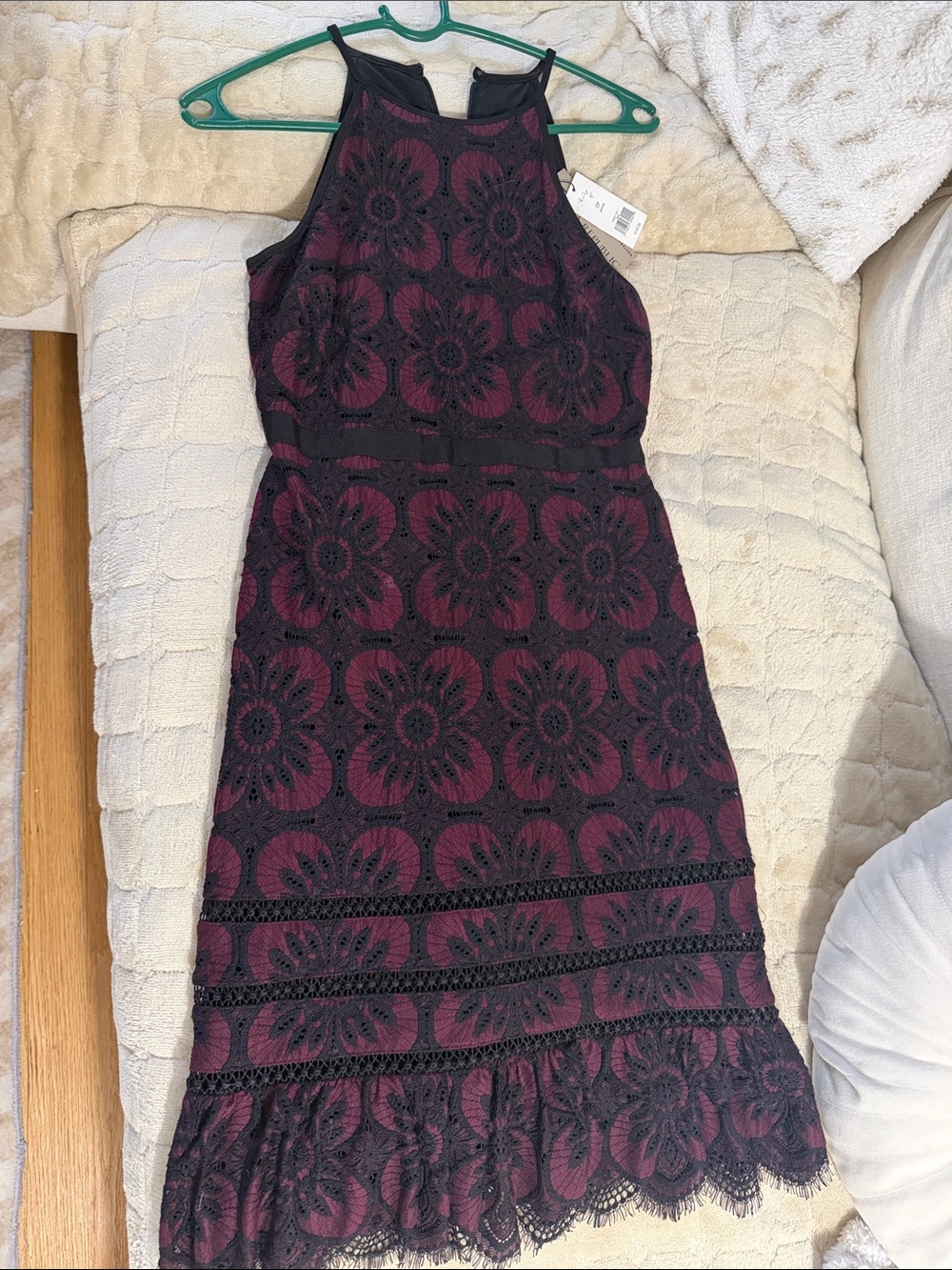 Banana Republic Halter Top Black Lace Overlay on Plum Midi Dress